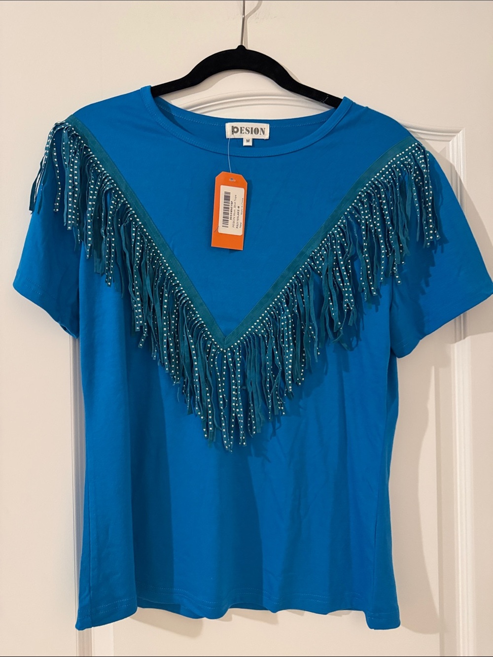 Teal Short Sleeve Fringe Tee